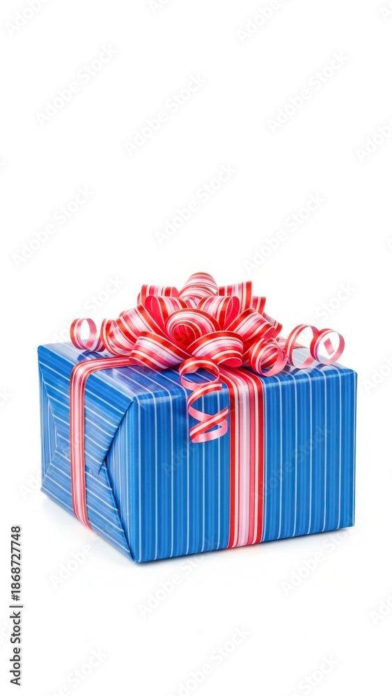 Obraz premium Blue Striped Gift Box with Red and White Candy Cane Ribbon Bow
