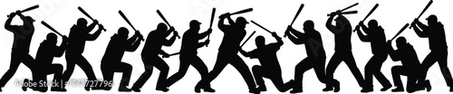 Crowd violence and riot silhouette vector illustration showing group conflict with sticks and aggressive confrontation, social unrest concept, protest chaos, and dangerous mob behavior