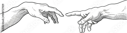 Hands reaching toward each other vintage line art vector symbolizing human connection and touch