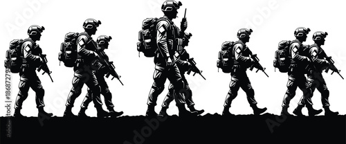 Military soldiers marching in formation silhouette vector illustration showing armed troops on patrol, tactical movement, defense operation, teamwork, and modern combat readiness concept
