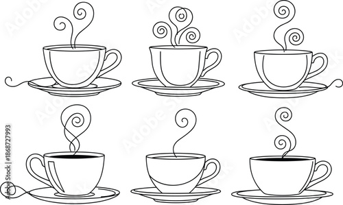 Minimal coffee cup line art set with steam, hand drawn outline illustration for cafe menu design, beverage icons, morning routine concepts, and drink branding