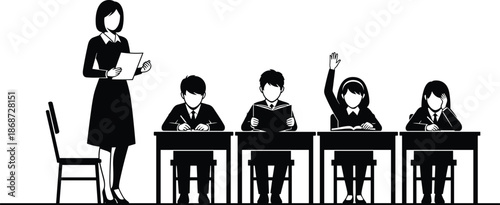 Teacher standing in classroom with students at desks silhouette vector illustration showing education, learning environment, school lesson, student participation, and academic instruction concept