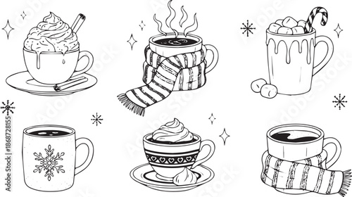 Collection of HandDrawn Hot Drinks for Winter Season.