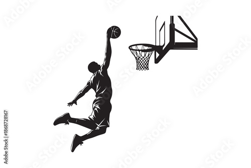 A silhouette of a basketball player in mid air during a dunk attempt