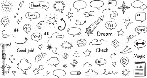 Hand Drawn Doodle Elements Collection Speech Bubbles Stars Arrows and Text.