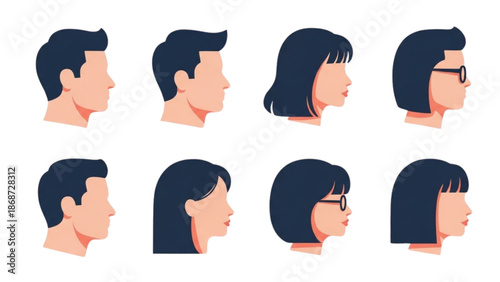 Illustration of diverse profiles showcasing various hairstyles and facial features of men and women