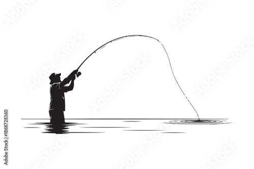 Silhouette of a fisherman casting a line into calm water
