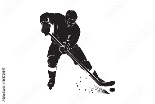 A silhouette of a hockey player skating and shooting the puck