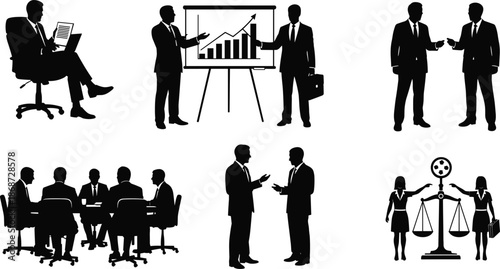 business people silhouette set meeting presentation negotiation teamwork corporate office professional discussion illustration black shadow