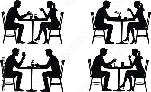 Couple dining silhouette set showing conversation, dating, coffee meeting, romantic dinner scenes for restaurant, lifestyle, relationship, and social concepts