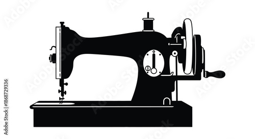 a classic vintage sewing machine depicted in a stark black and white silhouette