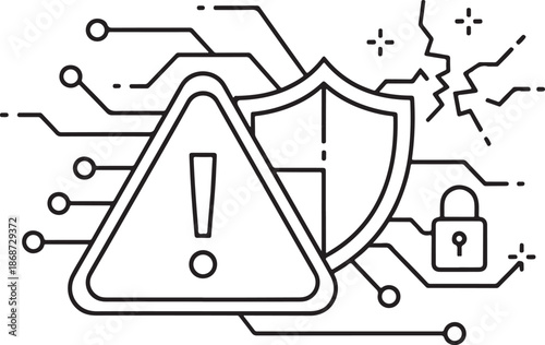 Cybersecurity Breach and System Warning Icon with Shield, Padlock and Circuit Connections