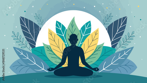 Serene silhouette meditating in nature with vibrant leaves and moonlight