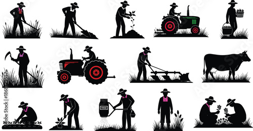 Farmer activity silhouettes set illustrating agriculture work, planting, harvesting, tractor farming, rural lifestyle, traditional cultivation scenes isolated on white background