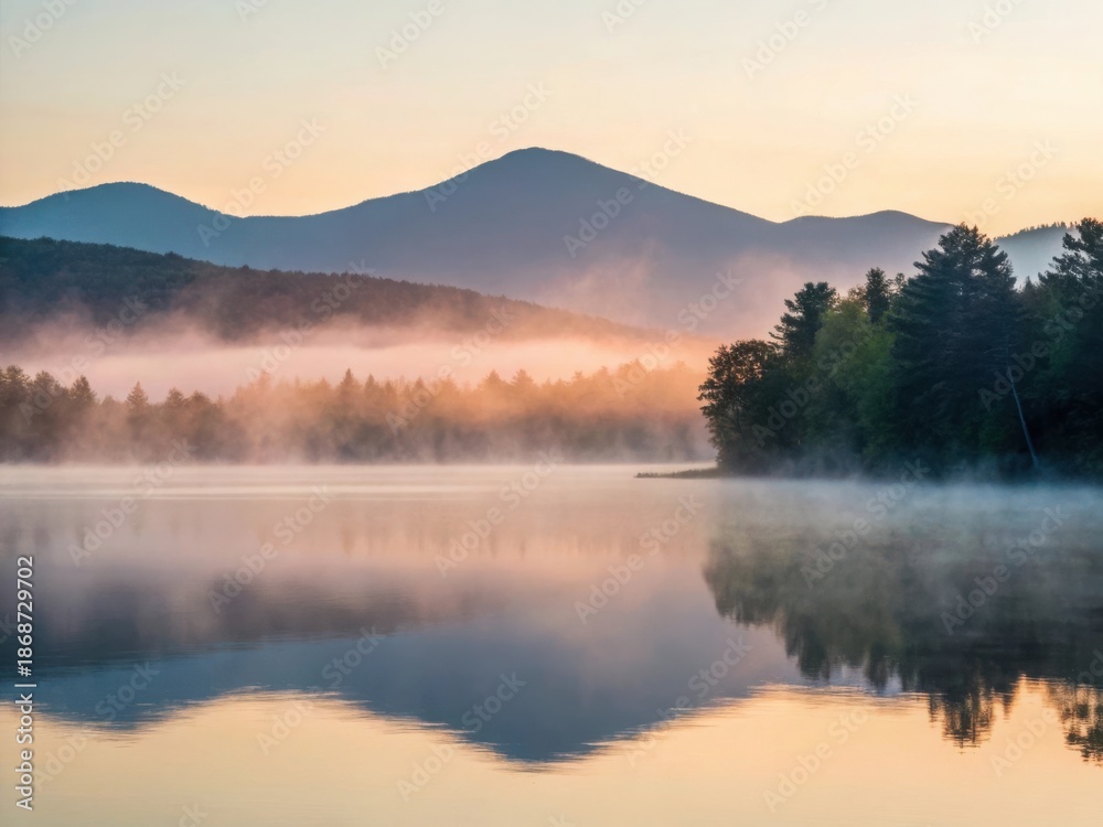 Obraz premium Misty lake at sunrise with mountains and forest reflection in calm water