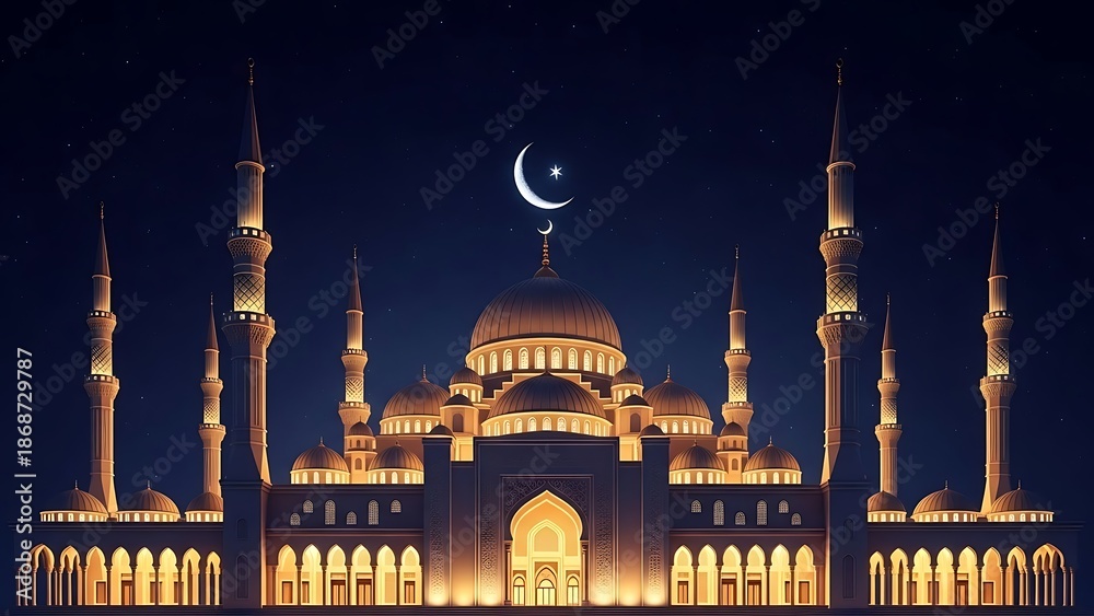 Fototapeta premium Illuminated mosque under moonlit night