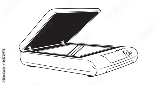 an open scanner device with a hinged lid showcasing its internal components silhouette