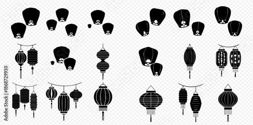 Set of traditional Asian lanterns and sky lanterns in black and white silhouette, isolated on transparent background.