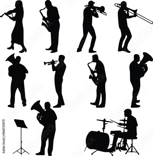 Musicians performing silhouette collection illustrating live band performance, jazz and rock instruments, stage music, entertainment, concert and artistic expression concept