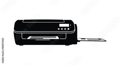 A stark black silhouette of a modern inkjet printer with paper output tray silhouette