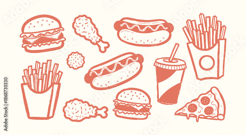 Hand drawn vector illustration set of fast food doodles including burgers fries and pizza
