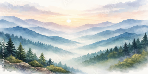 Panoramic morning mountain landscape with snow peaks and misty pine forests under a cloudy winter sky in the Alps