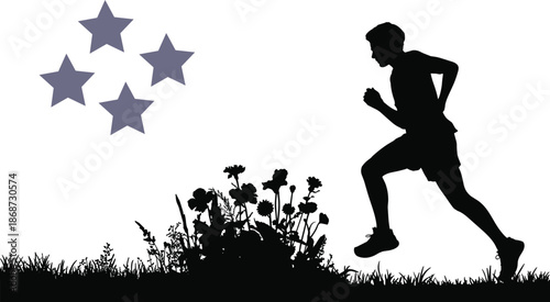 Runner silhouette jogging outdoors past grass and flowers with decorative stars, athletic training illustration for fitness designs, sports graphics and artwork