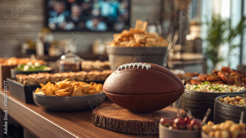 Gathering for a sporting event with food and a football at a social setting during the day Super Bowl