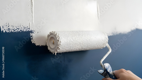 Hand painting a wall with a roller and white paint
