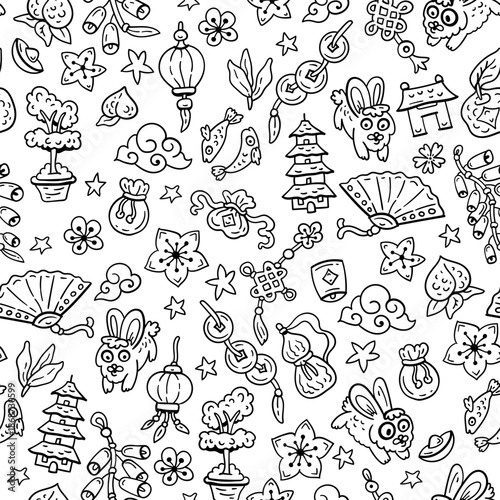 Seamless pattern with Symbols of celebration and happiness for the Chinese New Year. Chinese zodiac. Symbols of good luck. Bright doodle backdrop for teenagers. Rabbit, pumpkin, money, pagoda,