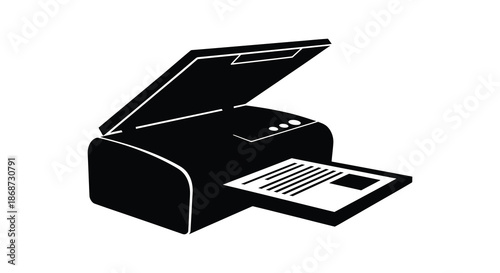 A striking black and white depiction of a modern office printer in a bold silhouette