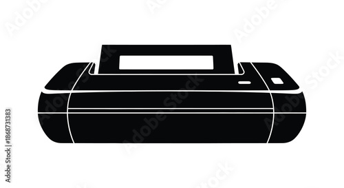 A stark black silhouette of a modern printer displaying its form and functionality silhouette