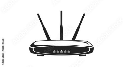 A striking black and white depiction of a modern wireless router in silhouette