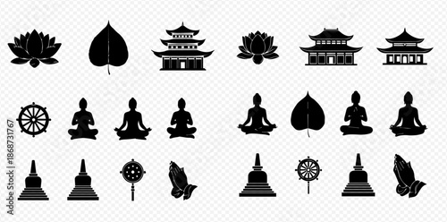 Set of Buddhist symbols and icons including lotus, stupa, Buddha, and temple silhouettes.
