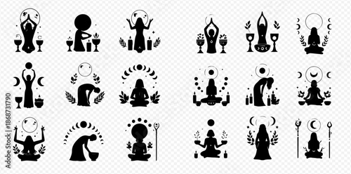 Set of mystical female silhouettes with moon phases, candles, and cups, depicting witchcraft and spiritual practices.