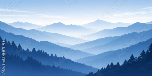 Panoramic mountain landscape at sunrise featuring snow-capped Alps peaks and a misty forest valley under a blue sky with clouds during a foggy winter morning
