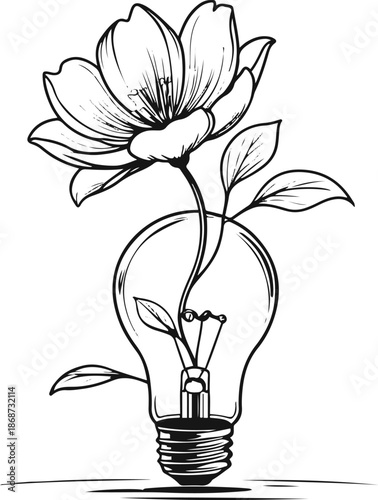 Single line art of a blooming flower emerging from a light bulb, clean black vector illustration, symbolic concept 