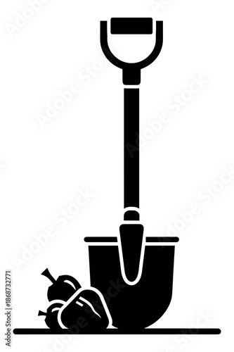 Simple black and white icon depicting a sturdy digging shovel standing upright next to a small pile of freshly harvested bell peppers ready for planting or eating.