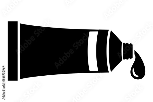 Black and white silhouette icon depicting a squeezed cosmetic tube dispensing a single drop of thick viscous product illustrating art supplies or personal care item.