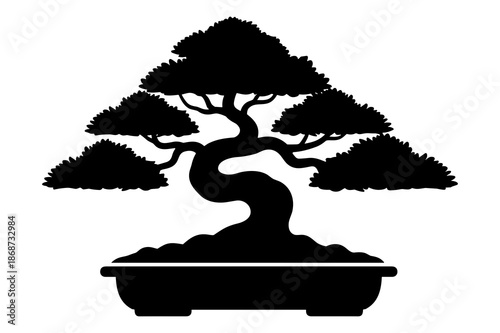 Elegant silhouette graphic showcasing a meticulously shaped traditional Japanese bonsai tree meticulously pruned into a classic stylized form, representing miniature art.