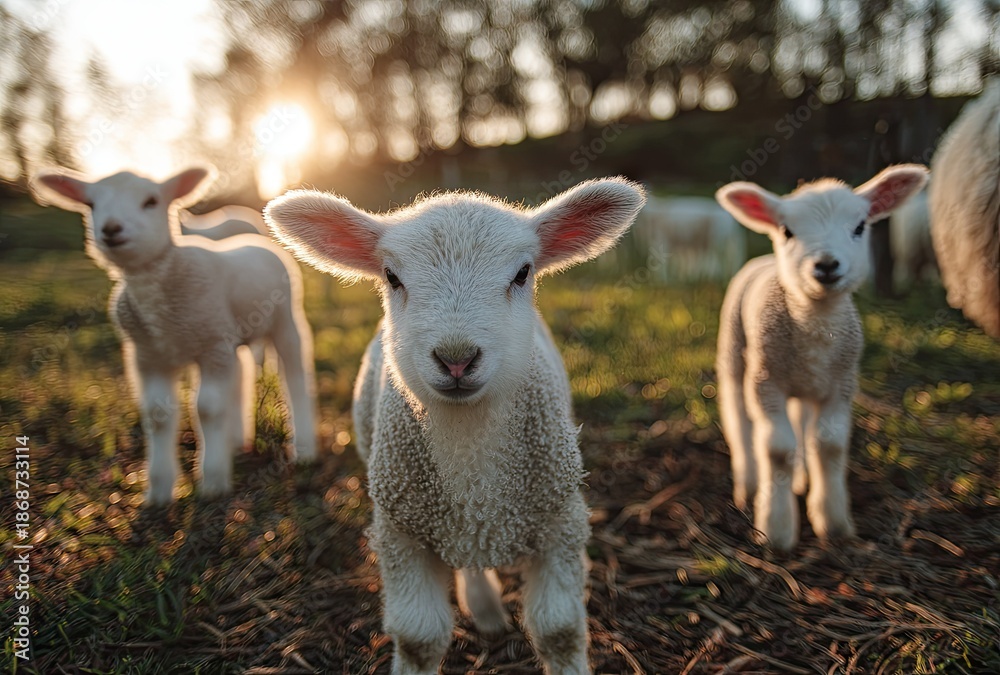 Fototapeta premium Three lambs in a field with soft sunlight and green background