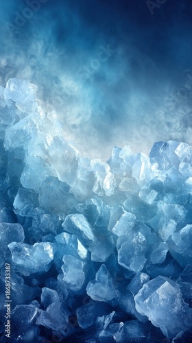 Blue ice crystal landscape with frosty texture and cold misty atmosphere background