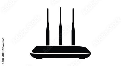 A modern wireless router depicted in a stark black silhouette showcasing its antenna design