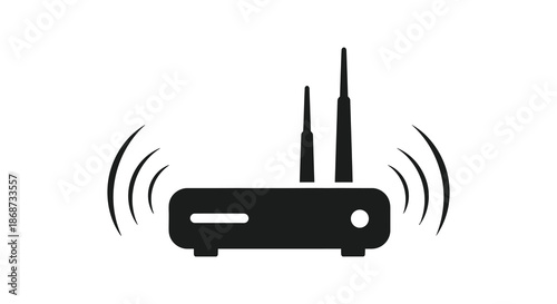 A simple black wireless router icon with radiating signal waves depicted in silhouette