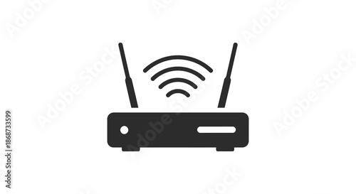 A simple black wireless router icon with radiating signal waves shown in silhouette