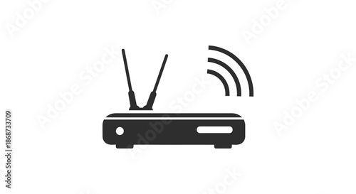 A simple black silhouette of a wireless router with signal waves emanating a modern device silhouette