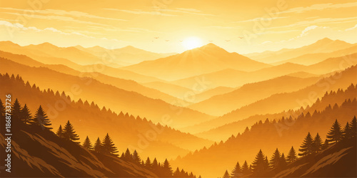 A misty mountain landscape at sunrise and sunset features a silhouette of forest peaks and hills under a glowing sky of clouds and fog