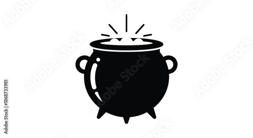 a black cauldron with bubbling contents emitting rays of light a striking silhouette