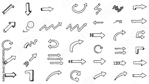 Large collection of hand-drawn arrow sketches, black ink doodle arrows for directions and infographics