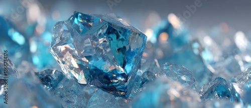 Blue ice crystal cube with sparkling reflections and shallow depth of field background